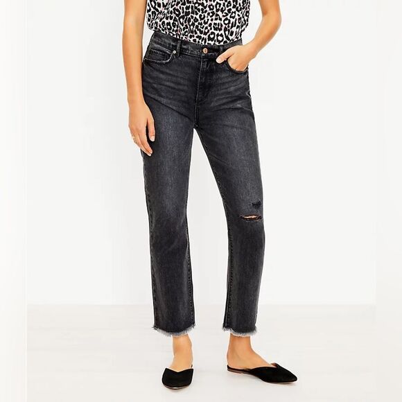 Loft Destructed High Rise Straight Crop Jeans in Washed Black Wash - Picture 2 of 8